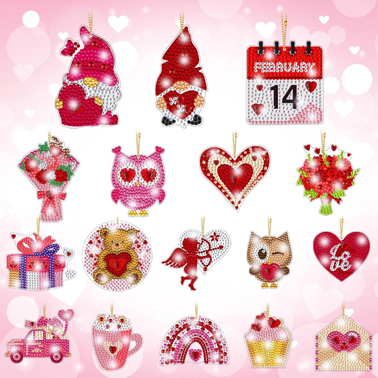 Yaomiao 17 Pcs Valentine's Day Diamond Art Ornaments Double Sided